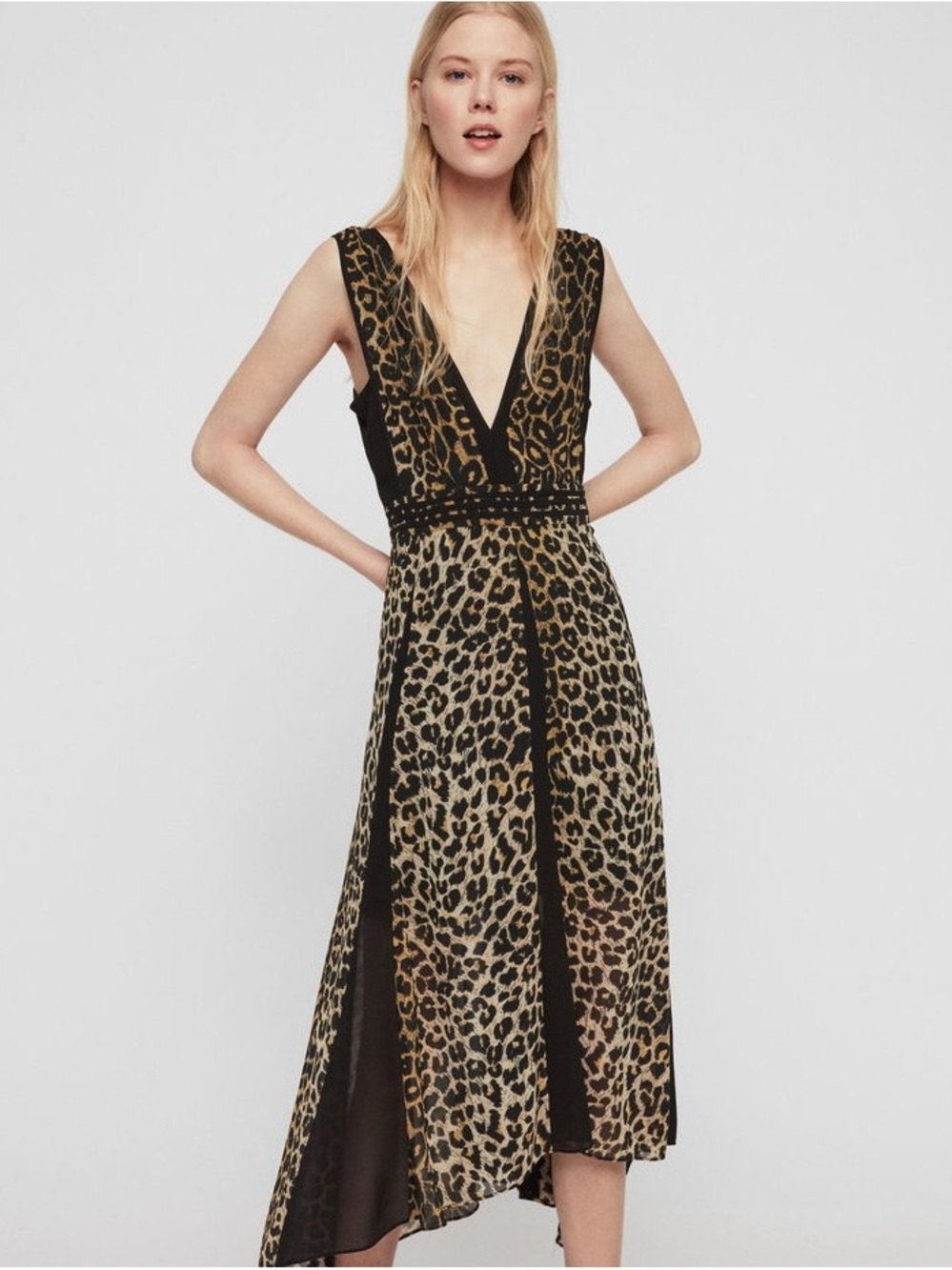 All-Saints Leopard Print V‑Neck Maxi Dress in Animal Print - Picture 2 of 8